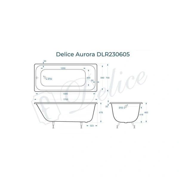 Ванна чугунная Delice Aurora 170х70 см без антискользящего покрытия, без ручек DLR230605 (детальная фотография), чугунные