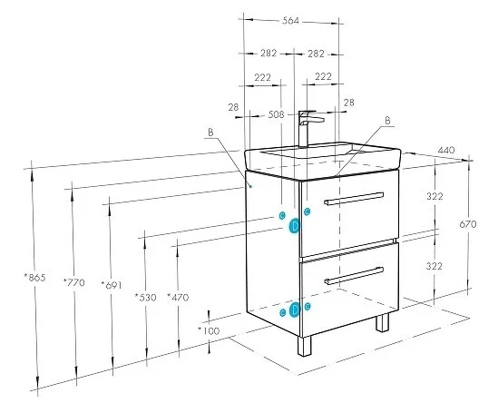 Тумба с раковиной напольная Акватон Ронда 1A205001RSC20 60 см с двумя выдвижными ящиками (детальная фотография), в наличии