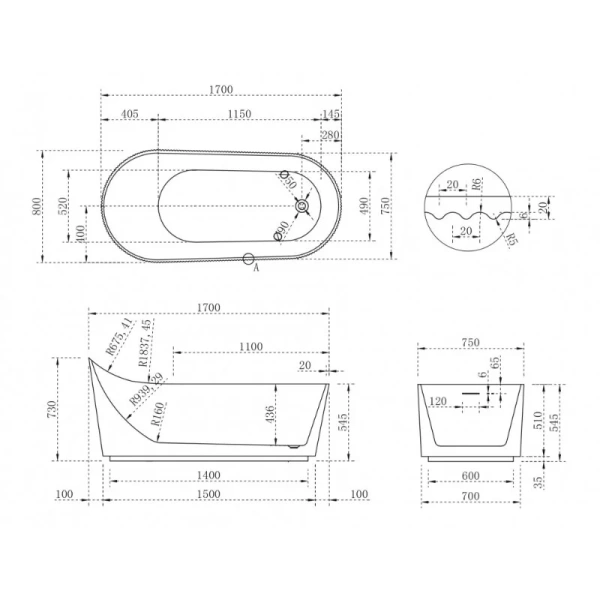 Ванна акриловая Abber 170x80 см отдельностоящая AB9445MW (детальная фотография), акриловые