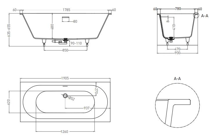 Ванна из искусственного камня Salini Ornella Axis Kit 190x90 см S-Sense (Sapirit) матовый 103512M (детальная фотография), искусственный камень