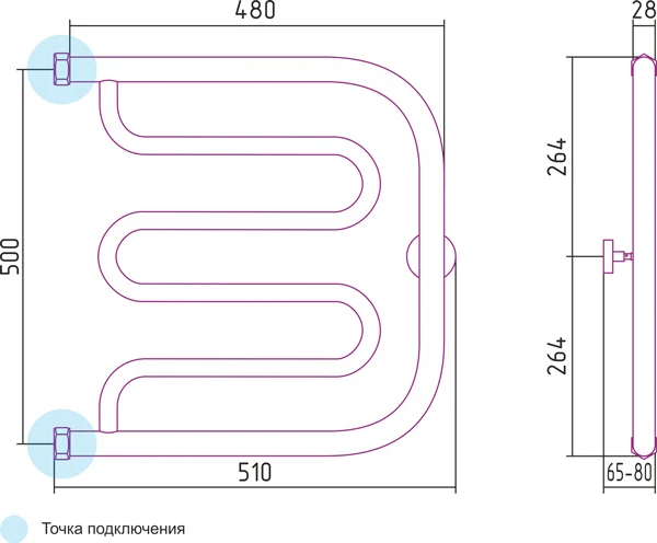 Полотенцесушитель водяной Сунержа Лира 50х50 см без покрытия 00-0011-5050 (детальная фотография), е образные, вертикальные