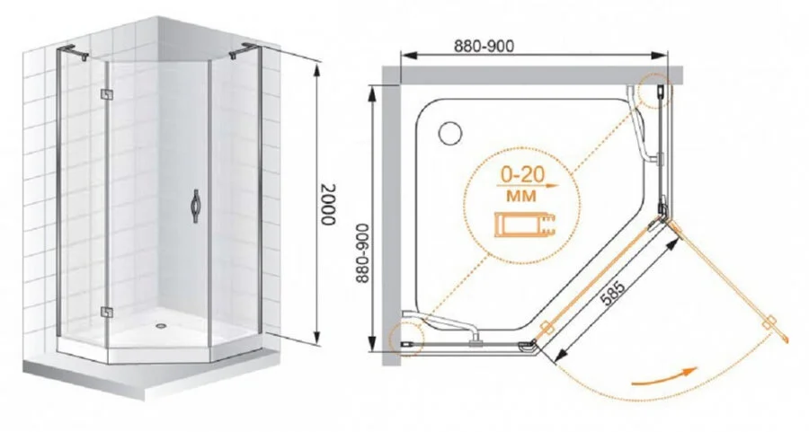Душевой уголок Cezares Bergamo 90х90 см правый BERGAMO-W-P-1-90-C-Cr-R-IV (детальная фотография), многоугольные