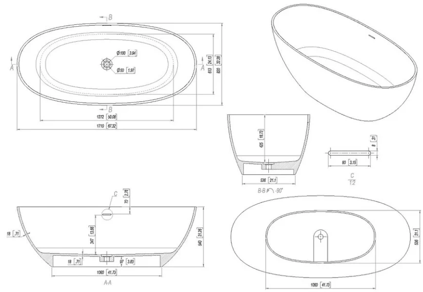 Ванна Allen Brau Krion Oval 2.35003.21, 170 х 80 см, искусственный камень, цвет белый матовый (детальная фотография), искусственный камень