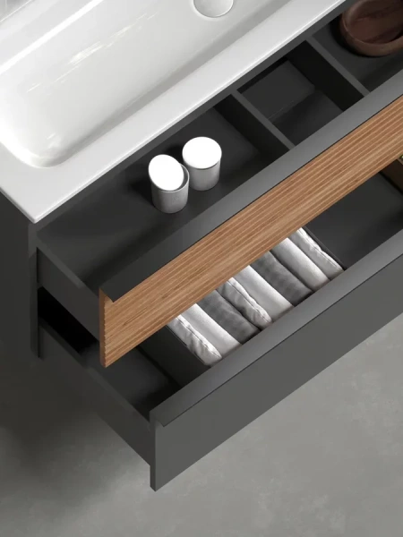 Тумба под раковину подвесная Sancos Delta 100 см левая дуб красный/графит DL100LGR (детальная фотография), серая, комбинированная