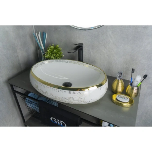 Раковина GID Lago Nc472 60 см белая/золото 52222 (детальная фотография), накладные (на столешницу)
