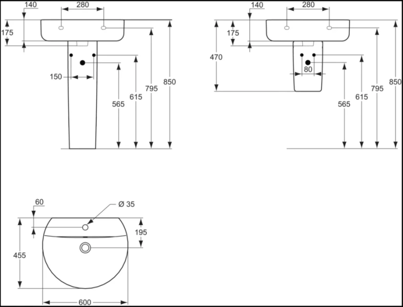 Раковина Ideal Standard Connect 55 см с отверстием под смеситель E786401 (детальная фотография), современные, hi-tech