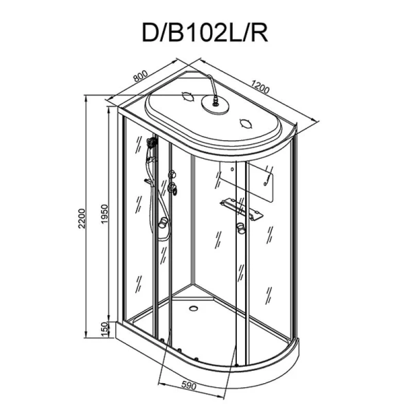 Душевая кабина Deto D 120x80 см с крышей правая D102SR (детальная фотография), асимметричные