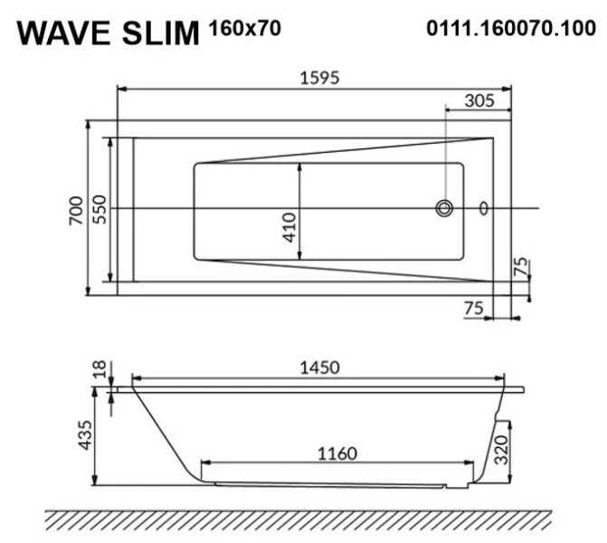 Ванна гидромассажная Whitecross Wave Slim 160 x 70 см, LINE NANO, золото, белый, 0111.160070.100.LINENANO.GL (детальная фотография), акриловые