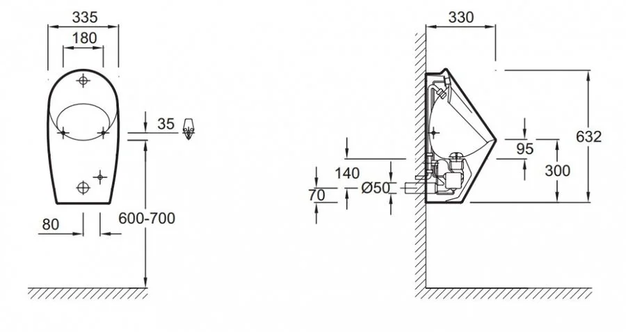 Писсуар подвесной Jacob Delafon Patio с встроенной подводкой E1547-00 (детальная фотография), подвесные