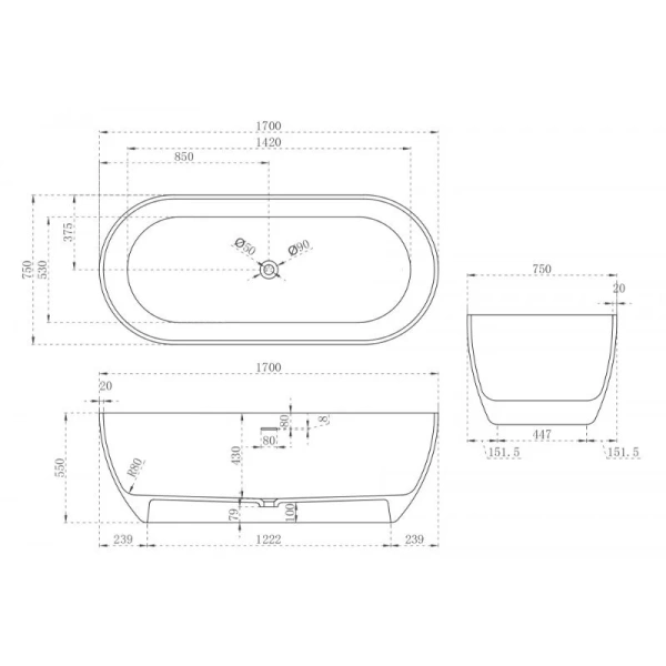 Ванна из искусственного камня Abber Stein 170x75 см белая матовая AS9613-1.7 (детальная фотография), 170x75 см