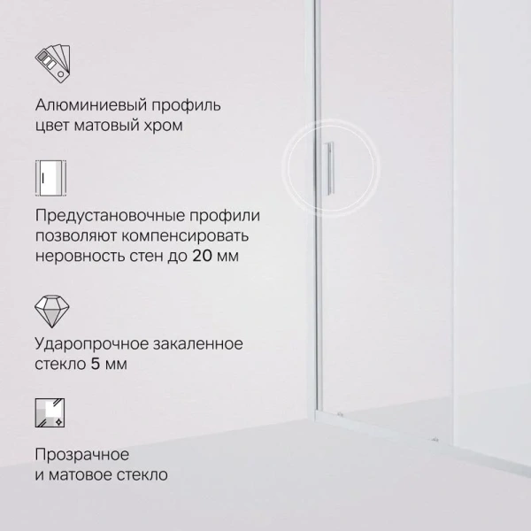 Душевая дверь в нишу AM.PM Gem Solo 150 см профиль хром стекло матовое W90G-150-1-195MM (детальная фотография), в наличии