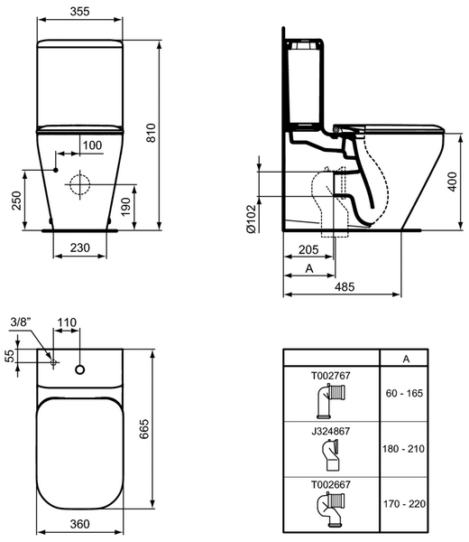 Схема (детальная фотография), с вертикальным выпуском в пол, с горизонтальным, прямым выпуском, с прямым выпуском