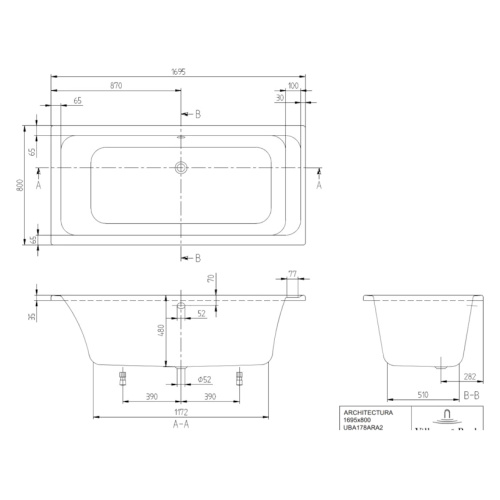 Ванна акриловая Villeroy & Boch Architectura 170х80 см белая, прямоугольная UBA178ARA2V-01 (детальная фотография), без гидромассажа, недорогие, большие