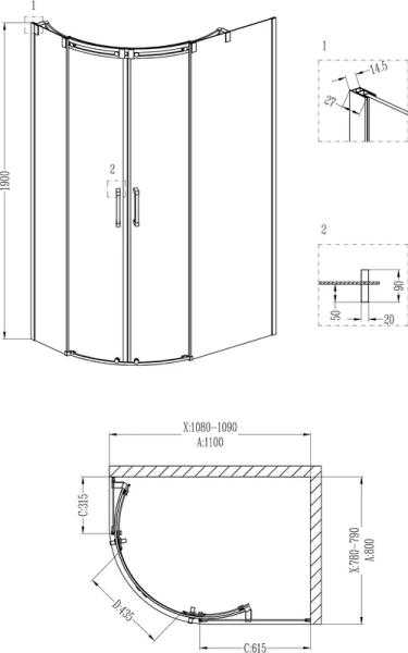 Душевой уголок Grossman Galaxy 110x80 см стекло прозрачное GR-4110R (детальная фотография), стеклянные, угловые, без поддона