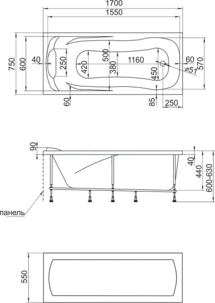 Акриловая ванна 1MarKa Calipso 170 х 75 см, цвет белый, 01каи1775 (детальная фотография), прямоугольные