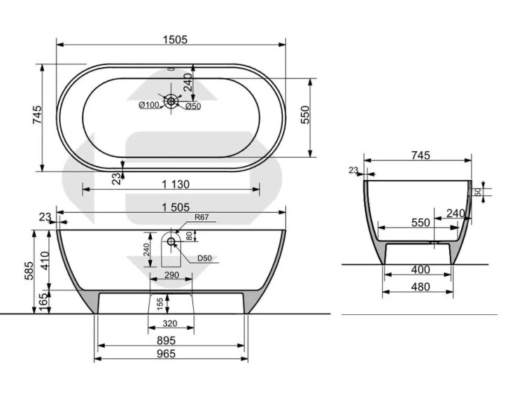 Ванна из литьевого мрамора Эстет Майами 150x75 см белая глянцевая ФР-00016604 (детальная фотография), литьевой мрамор