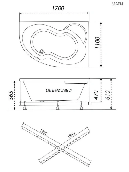 Ванна угловая Тритон Мари 170x110 акриловая OMP Щ0000046123/Щ0000046124 левая/правая, белая (детальная фотография), акриловые