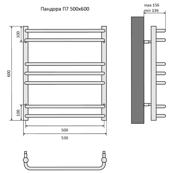 Полотенцесушитель водяной Акватек Пандора 50x60 см черный муар AQ RRС0760BL (детальная фотография), современные, hi-tech