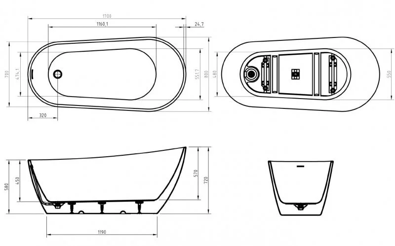 Ванна акриловая BelBagno 170x80 см отдельностоящая BB704-1700-800-K (детальная фотография), акриловые