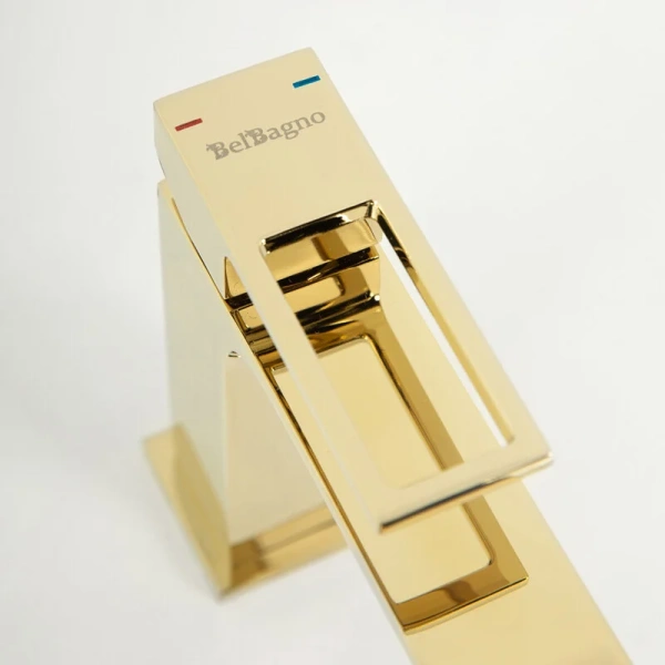 Смеситель для раковины BelBagno Luce золото LUC-LVM-ORO (детальная фотография), из латуни, недорогие, прямоугольная форма