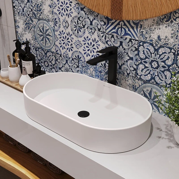 Раковина Aqueduto ESPIRAL 60 см белая матовая ESP0220 (детальная фотография), одинарные, с антигрязевым покрытием