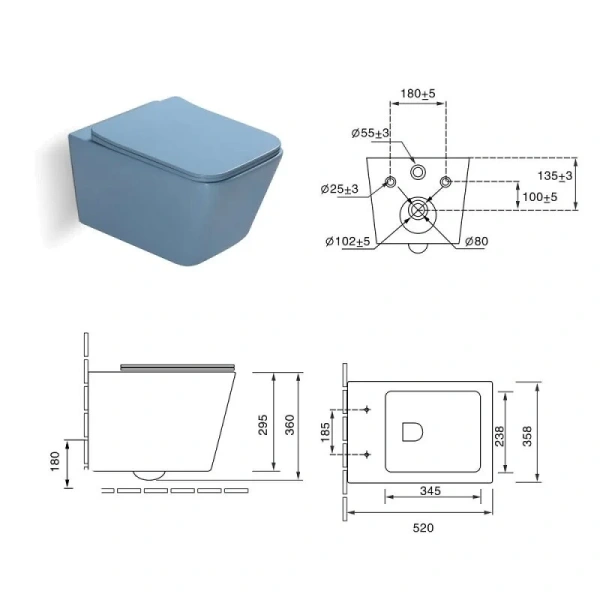 Унитаз подвесной SantiLine голубой SL-5007BL (детальная фотография), подвесные, встраиваемые