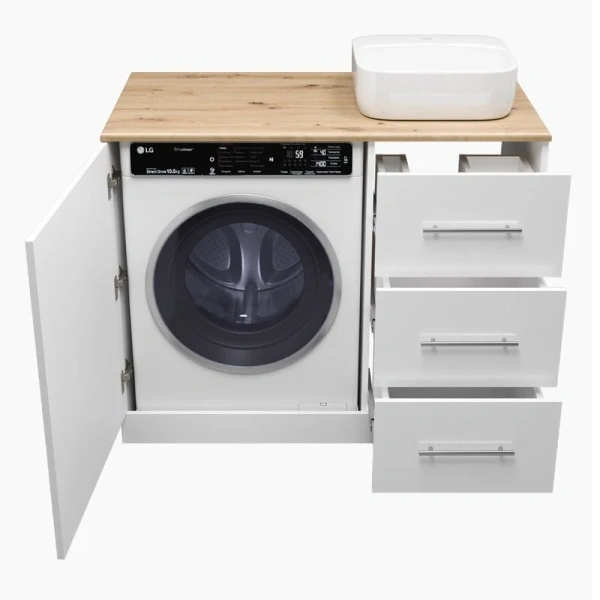 Тумба под раковину напольная Misty Респект 110 см белая/дуб артизан левая Э-Рес01110-13ЯЛ (детальная фотография), с деревянной столешницей