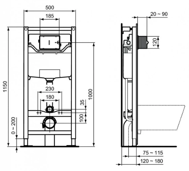 Унитаз с инсталляцией Ideal Standard ProSys Tesi с горизонтальным выпуском T0079V15SW (детальная фотография), с инсталляцией