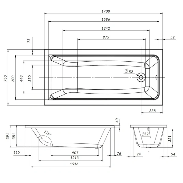 Ванна акриловая Am.Pm Gem 170х75 см белая W90A-170-075W-A (детальная фотография), акриловые