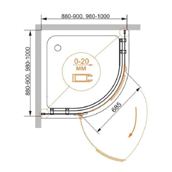 Душевой уголок Cezares Bergamo 100x100 см стекло прозрачное петли справа BERGAMO-W-R-1-100-ARCO-C-Cr-R-IV (детальная фотография), полукруглые, четверть круга