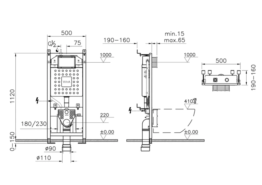 Унитаз с инсталляцией VitrA Sento кнопка хром 9830B003-7207 (детальная фотография), в наличии