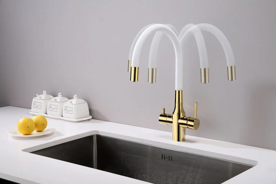 Смеситель для кухни Paulmark Salix золото/белый Sa213419-Gw (детальная фотография), однорычажные, двухрычажные