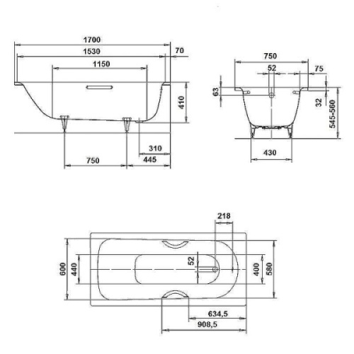 Ванна стальная Kaldewei Saniform Plus mod. 373-1 170x75 см с покрытием Anti-SlIp 112630000001 (детальная фотография), 170x75 см