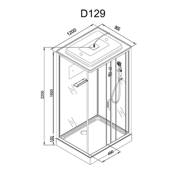 Душевая кабина Deto D 120x90 см с освещением D129SEL (детальная фотография), прямоугольные