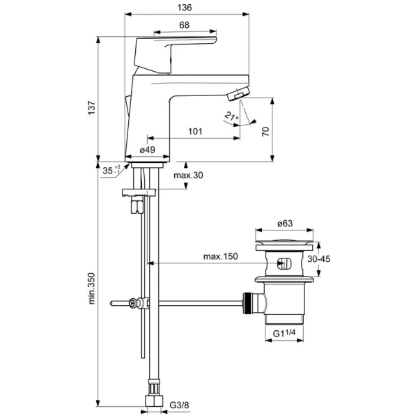 Смеситель для раковины Ideal Standard Vito с донным клапаном B0406AA (детальная фотография), для раковины