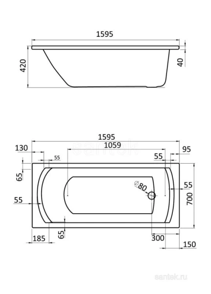 Ванна акриловая Santek Монако 160х70 (детальная фотография), современныe, hi-tech