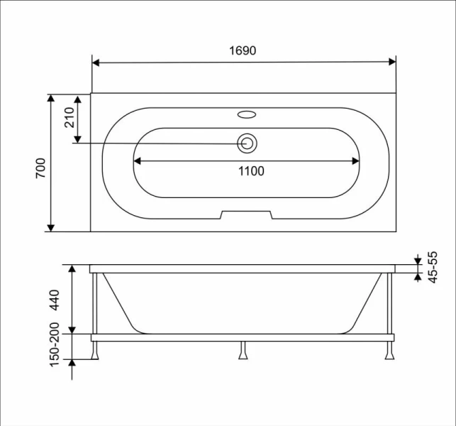 Акриловая ванна Eurolux Сибарис E1017070033, 170 х 70 см, белая (детальная фотография), приставные, встраиваемые