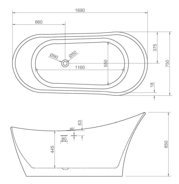 Акриловая ванна Abber 169х75 см отдельностоящая AB9245 (детальная фотография), 170x75 см