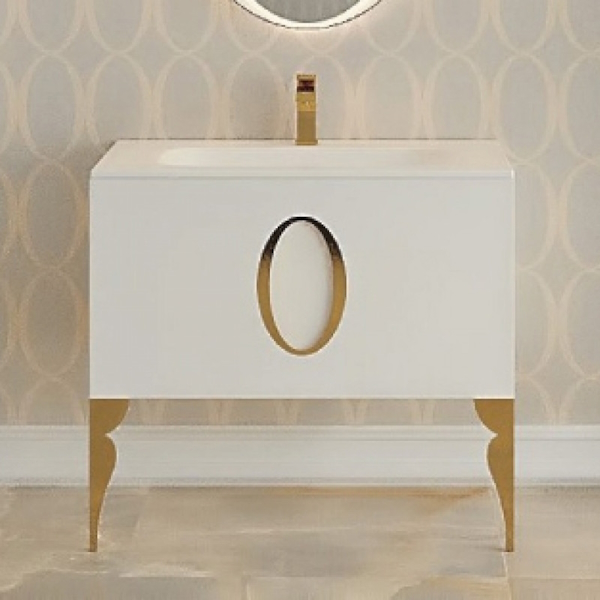 Тумба без раковины с 2 ножками, белая 85см. Фурнитура ЗОЛОТО La Beaute KANTAL B85K1OR (детальная фотография)