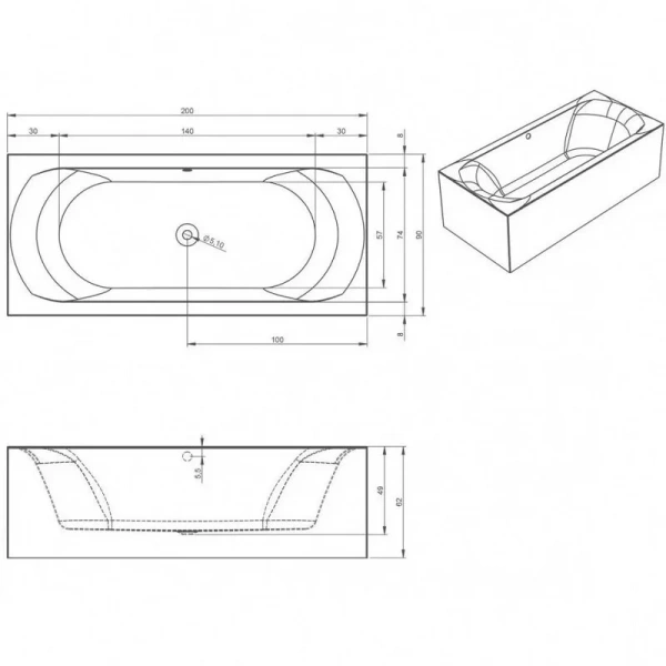 Акриловая ванна Riho Linares Plug & Play B144011005/B144012005, 200 x 90 см, левая/правая, цвет белый (детальная фотография), прямоугольные