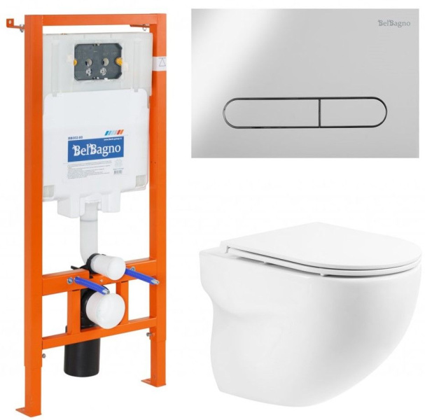 Унитаз с инсталляцией BelBagno Onda с сиденьем микролифтом BB066CHR/BB870SC/BB002-80/BB005-PR-CHROME (детальная фотография)