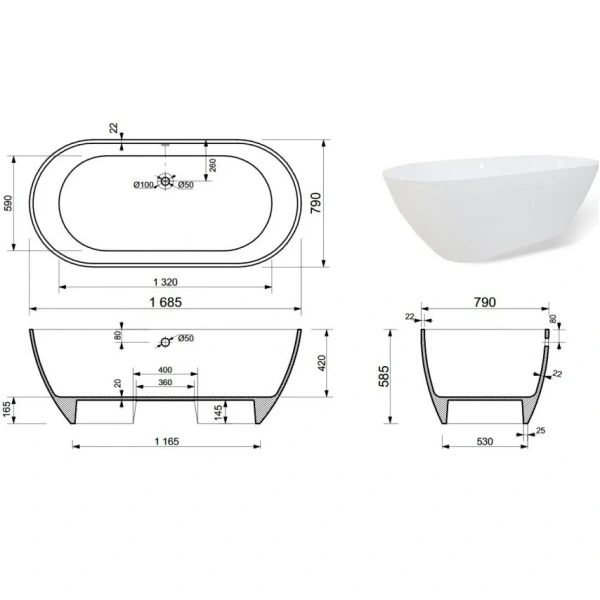 Ванна из искусственного мрамора Aquanet Family Stone AQ-00332887, 170 x 80 см, цвет белый (детальная фотография), искусственный камень