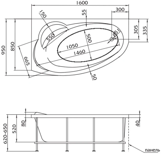 Ванна акриловая 1MarKa Julianna 160 х 95 см, цвет белый, левая/правая, 01дж1695л/п (детальная фотография), в наличии