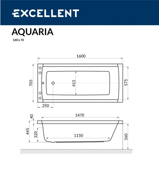 Ванна акриловая Excellent Aquaria WAEX.AQU16WH, 160 х 70 см (детальная фотография), акриловые