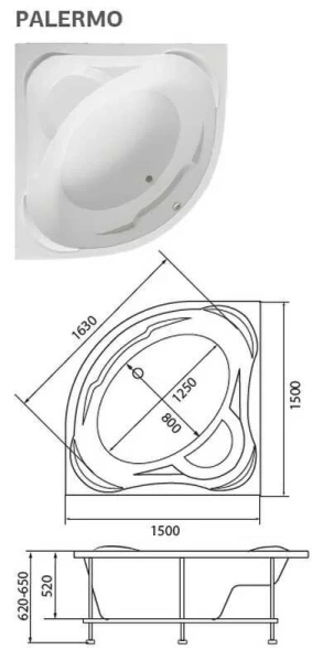 Ванна акриловая 1MarKa Palermo, угловая, 150 х 150 см, цвет белый, 01па1515 (детальная фотография), угловые, приставные, встраиваемые