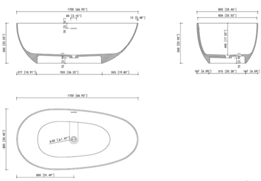 Ванна Uni-Flow Ova из искусственного камня Solid surface FS302-1700 Gloss White, 170 х 85 см, белая (детальная фотография), современныe, hi-tech