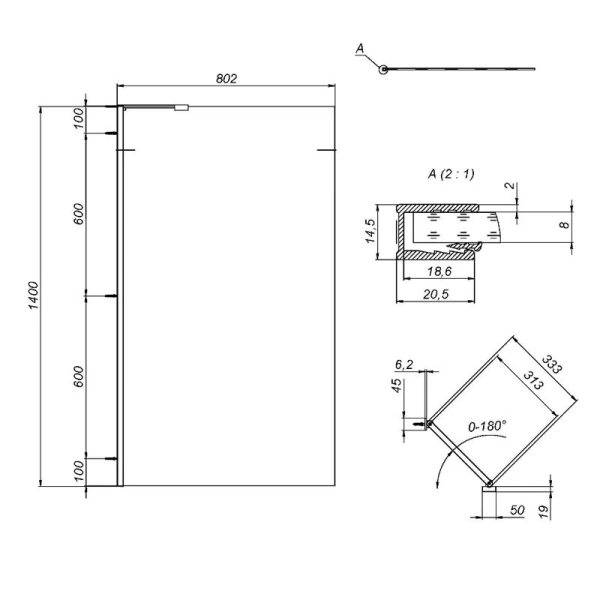 Шторка для ванны Am.Pm Gem W90BS-080-140 80х140 см поворотная (детальная фотография), современные, hi-tech