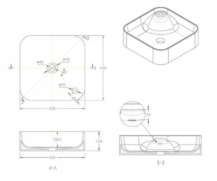 Раковина Bravat Source C22238W-1-ENG 45 см (детальная фотография), современные, hi-tech