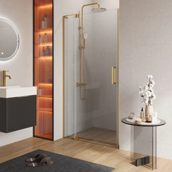 Душевая дверь в нишу Slider 110 см стекло прозрачное профиль брашированное золото SLIDER-B-1-100/110-C-BORO (детальная фотография)