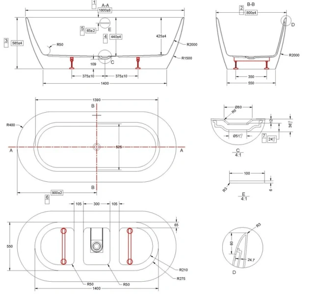 Ванна акриловая Vincea VBT-705-1800, 180 x 80 см, белая (детальная фотография), акриловые